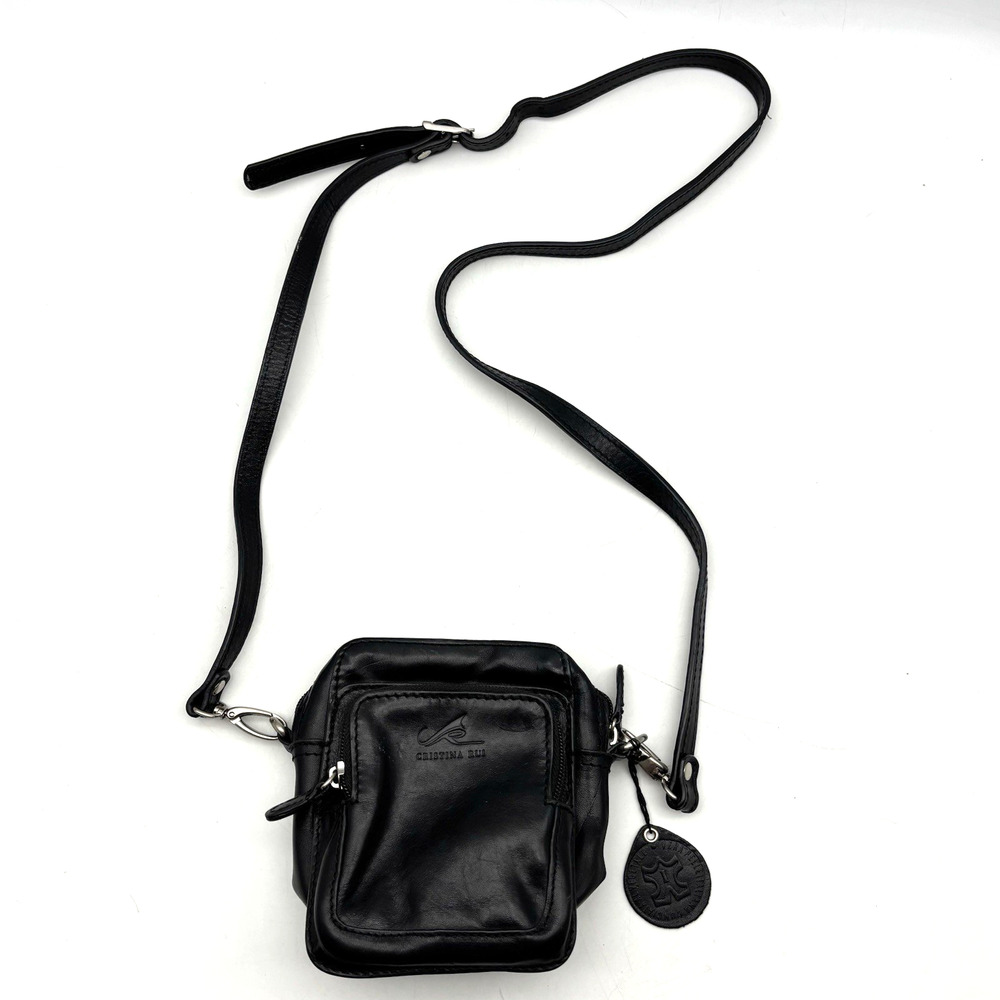 Vintage 90s Christina Rui Black Genuine Leather Small Belt Bag w/ Strap 5x6x3"